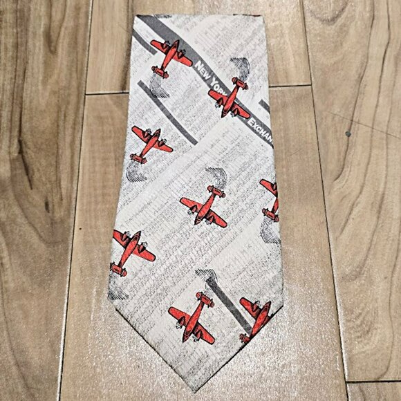 Nos Columbus Dispatch Silk Neck Tie Vintage 90s Red Airplane Stock Market Print - Picture 4 of 9